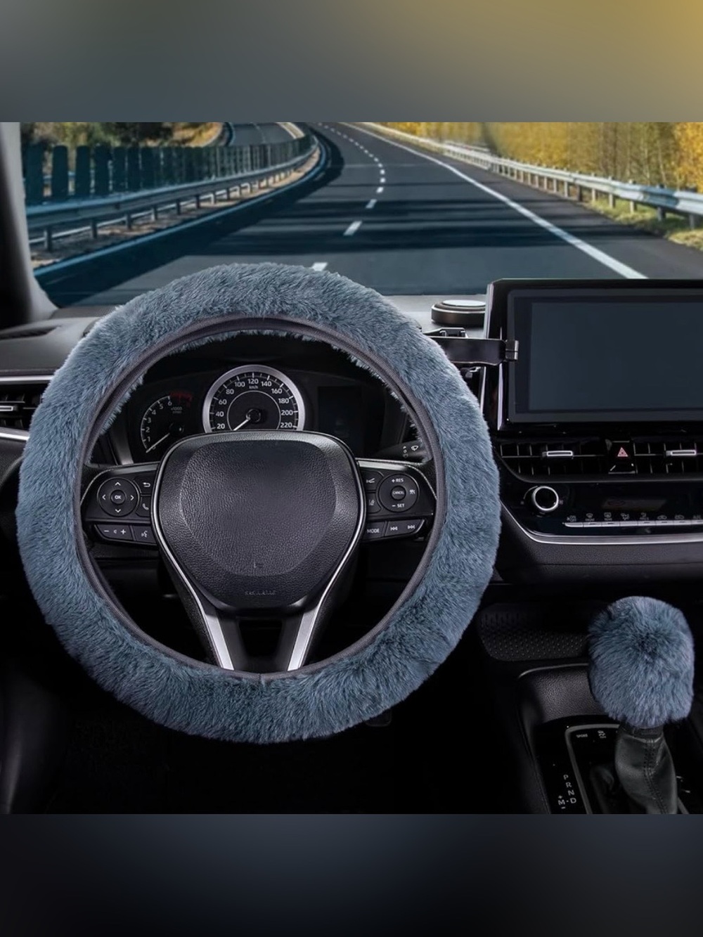 Plush Gray Fuzzy Steering Wheel and Gear Shift Cover Set